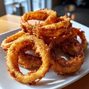 A pile of perfectly crispy golden onion rings on a white plate, ready to be enjoyed.
