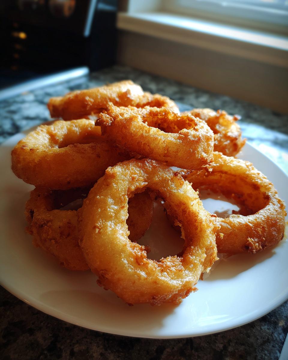 A pile of freshly fried, golden brown onion rings on a white plate.