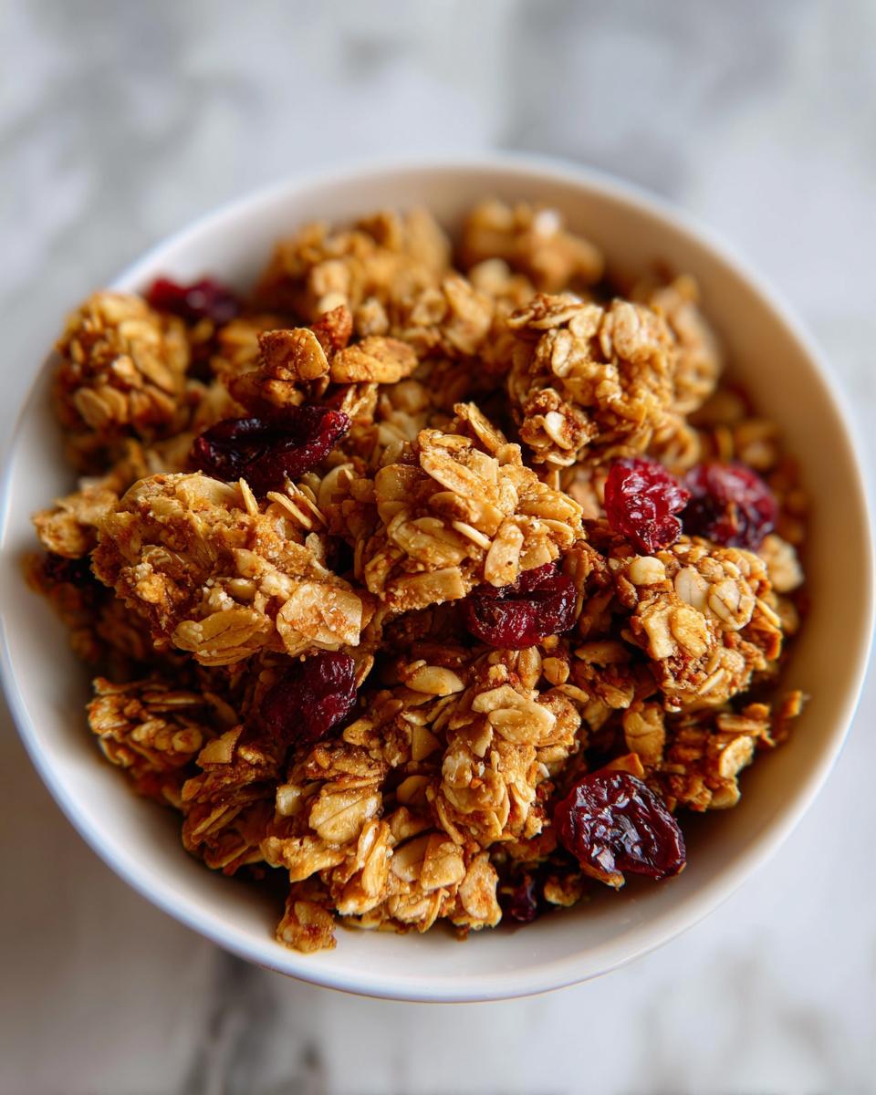 A bowl filled with crunchy granola clusters, featuring oats, nuts, and dried cranberries.
