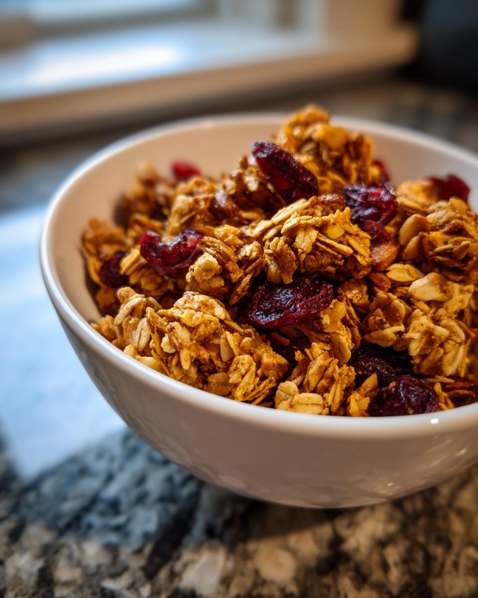 A white bowl filled with crunchy granola clusters and dried cranberries.