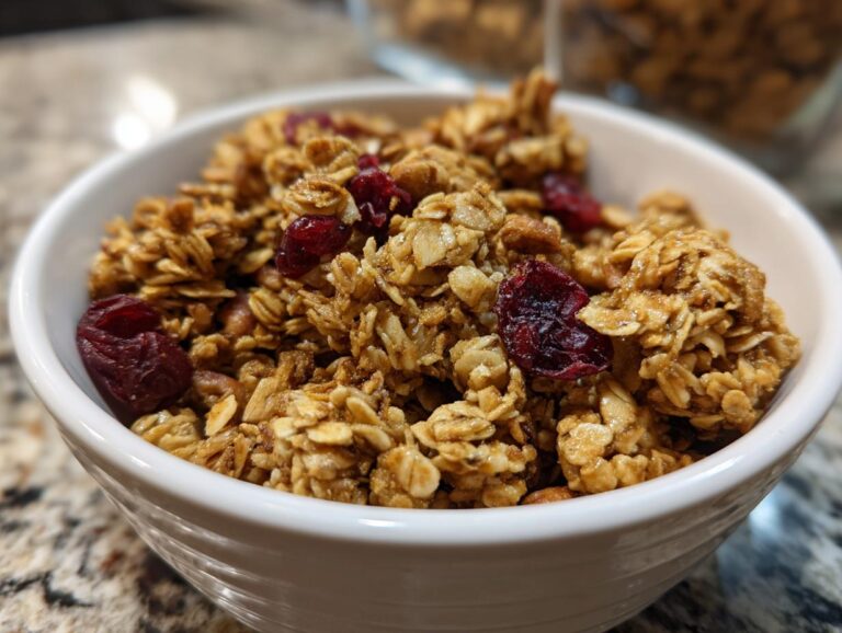 Close-up of a white bowl filled with homemade granola, featuring crunchy clusters and dried cranberries.