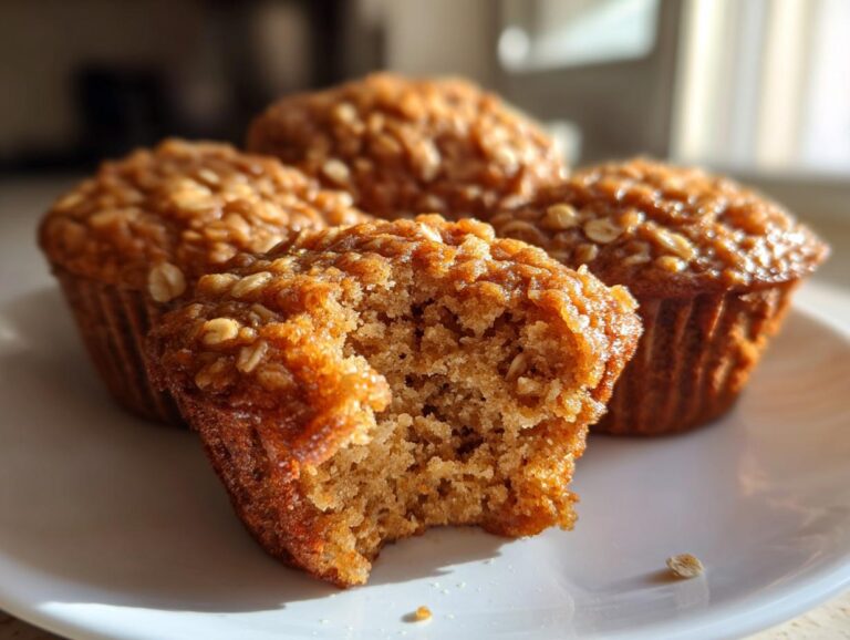 A close-up of delicious oatmeal muffins on a white plate, one with a bite taken out, showing a fluffy interior.