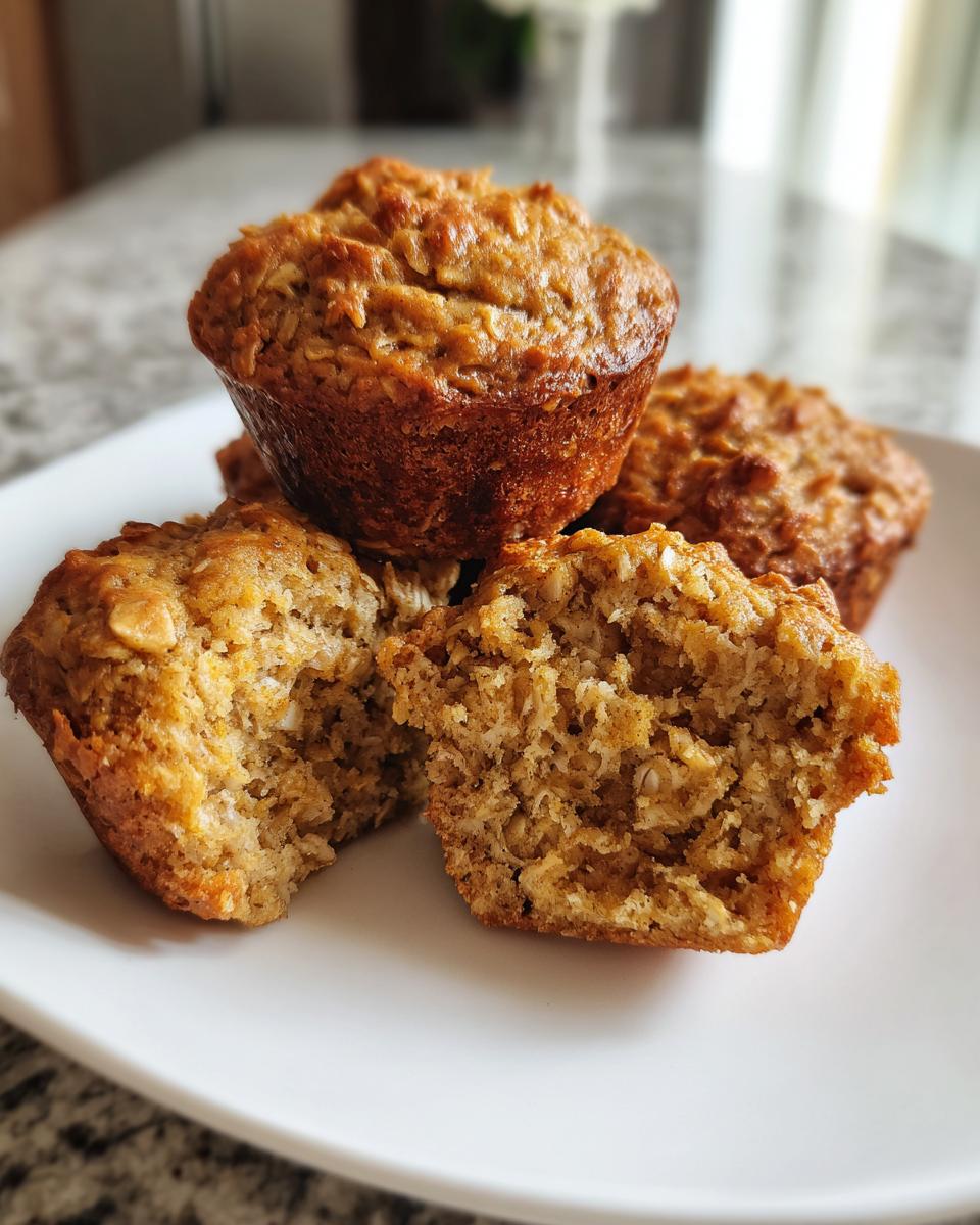 A close-up of several golden-brown oatmeal muffins on a white plate, with one muffin broken in half to show the texture.