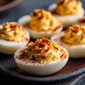 Close-up of several classic deviled eggs, topped with creamy filling and a dusting of paprika.