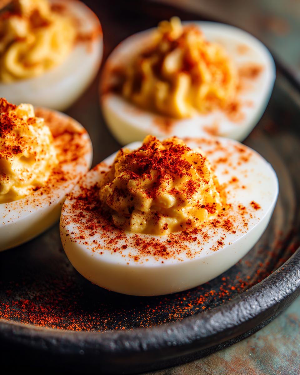 Close-up of perfectly prepared deviled eggs, generously sprinkled with paprika.