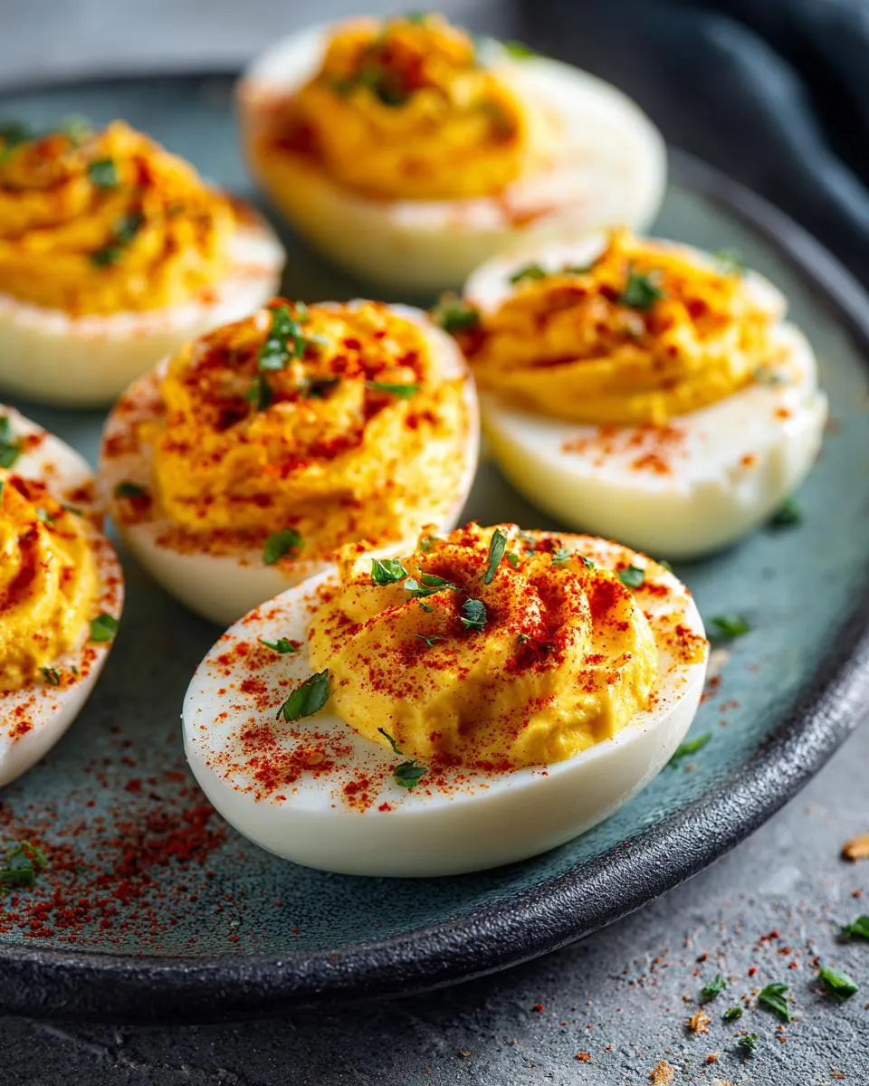 Close-up of several perfectly prepared deviled eggs, topped with creamy filling, paprika, and fresh parsley.