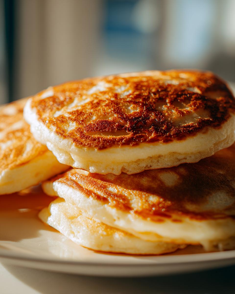 Close-up of a stack of fluffy buttermilk pancakes, golden brown and perfectly cooked.