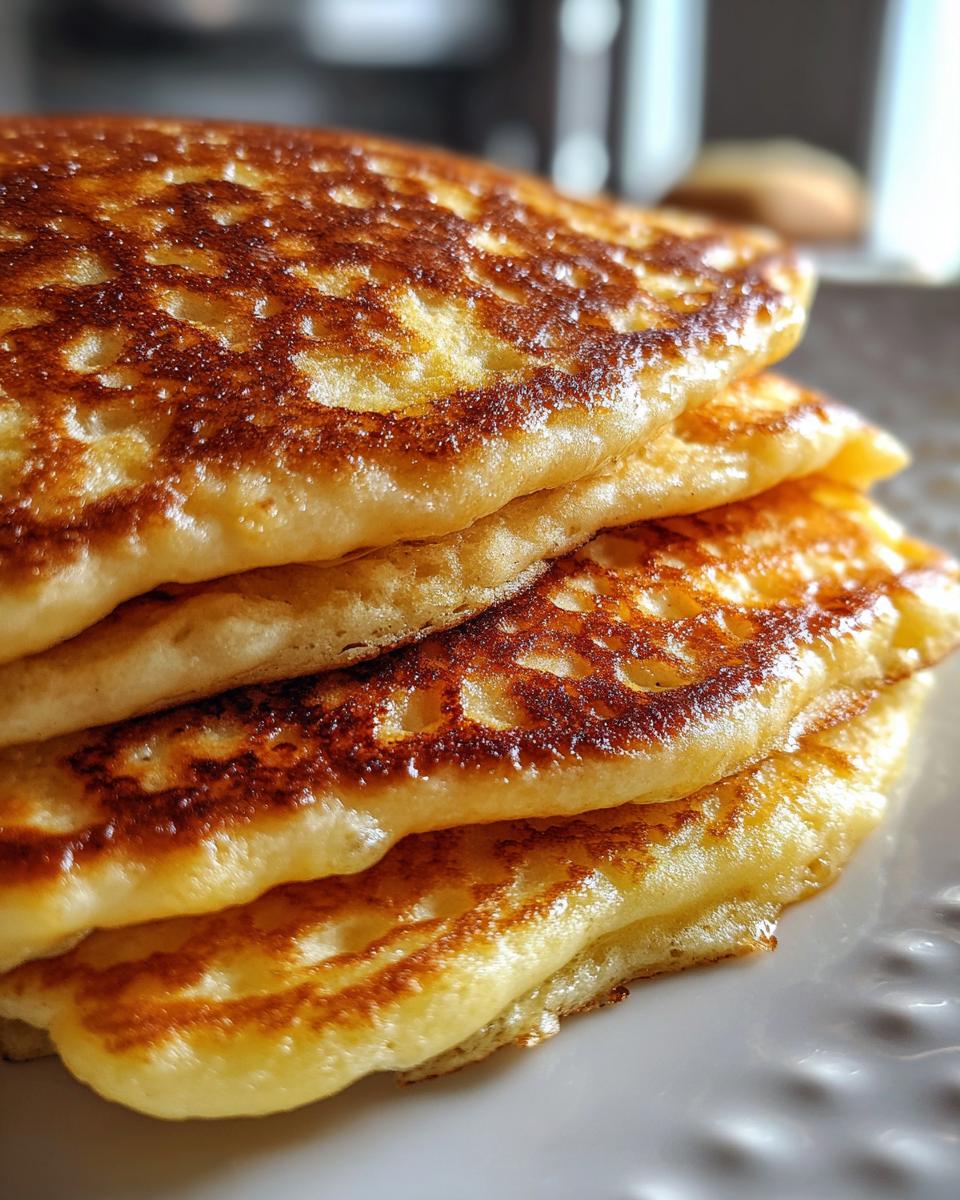 Close-up of a stack of golden-brown fluffy buttermilk pancakes with visible air bubbles.