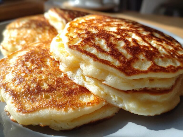 A close-up shot of a stack of golden-brown fluffy buttermilk pancakes, lightly browned and airy.