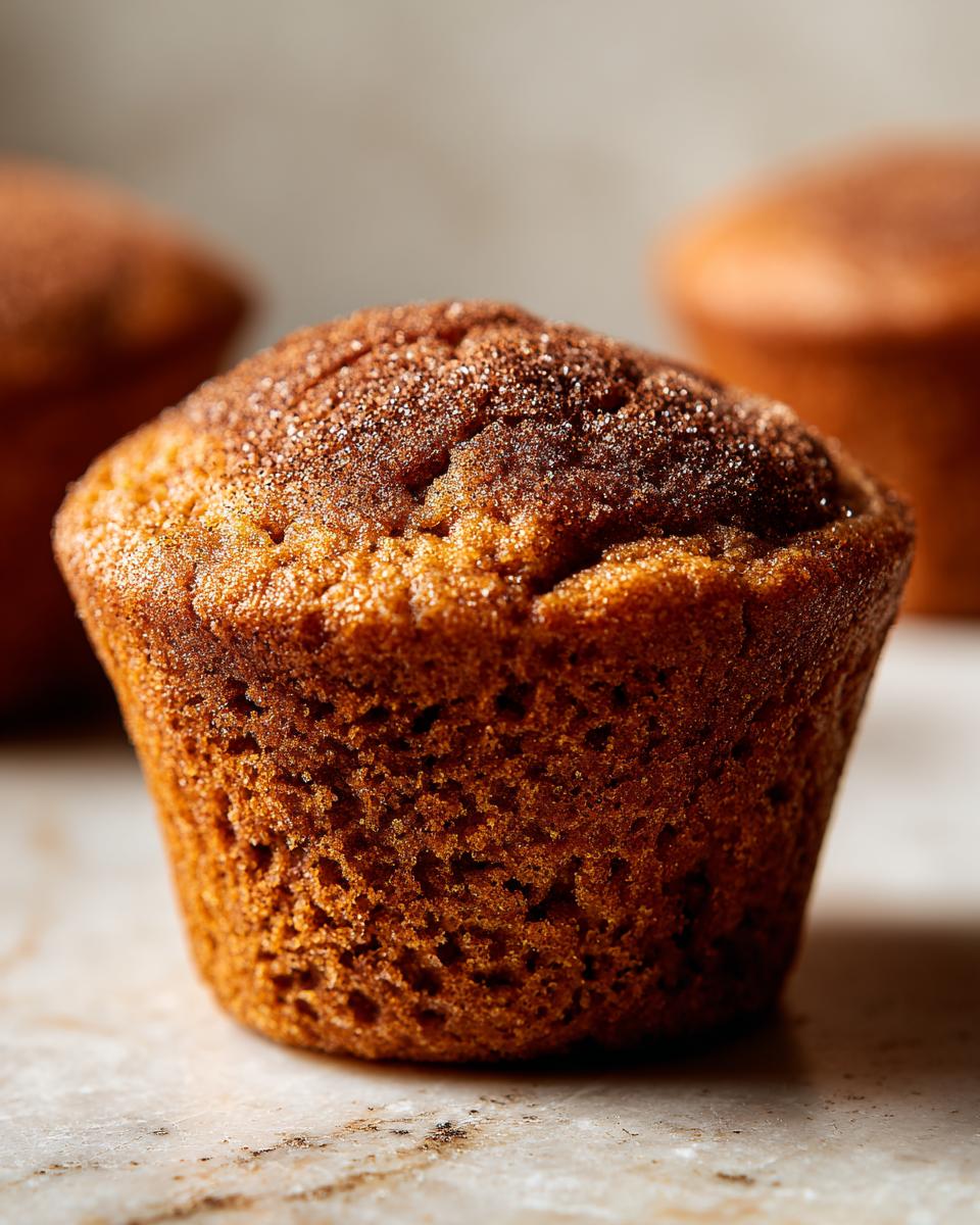 Close-up of a fluffy pumpkin muffin with a cinnamon sugar topping, with other muffins blurred in the background.