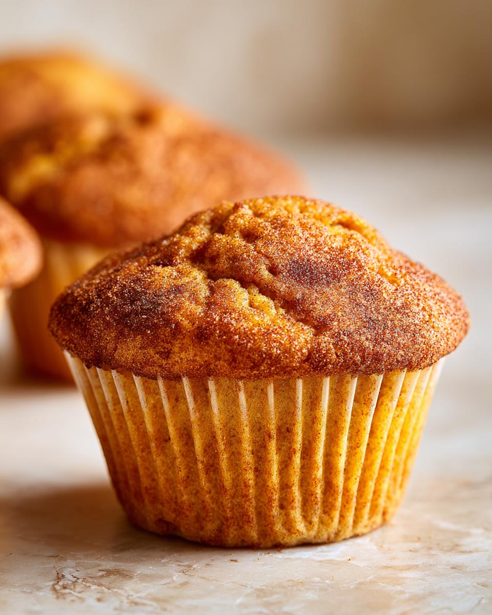 Close-up of a fluffy pumpkin muffin topped with cinnamon sugar, with more muffins blurred in the background.
