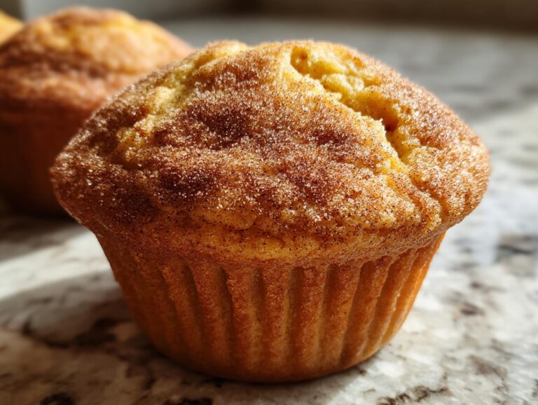Close-up of a fluffy pumpkin muffin topped with cinnamon sugar, with another muffin blurred in the background.