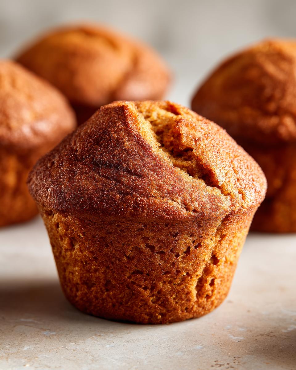 Close-up of a fluffy pumpkin muffin with a textured, golden-brown top, surrounded by other pumpkin muffins.