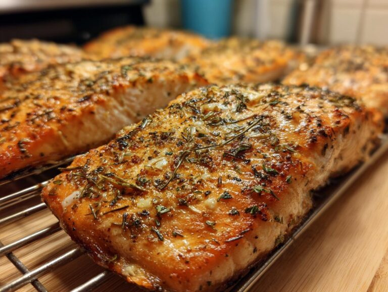 Close-up of several golden-brown baked salmon fillets seasoned with herbs on a wire rack.