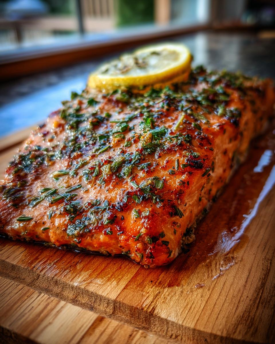 A close-up of a flavorful baked salmon fillet seasoned with herbs and topped with a lemon slice, resting on a wooden board.