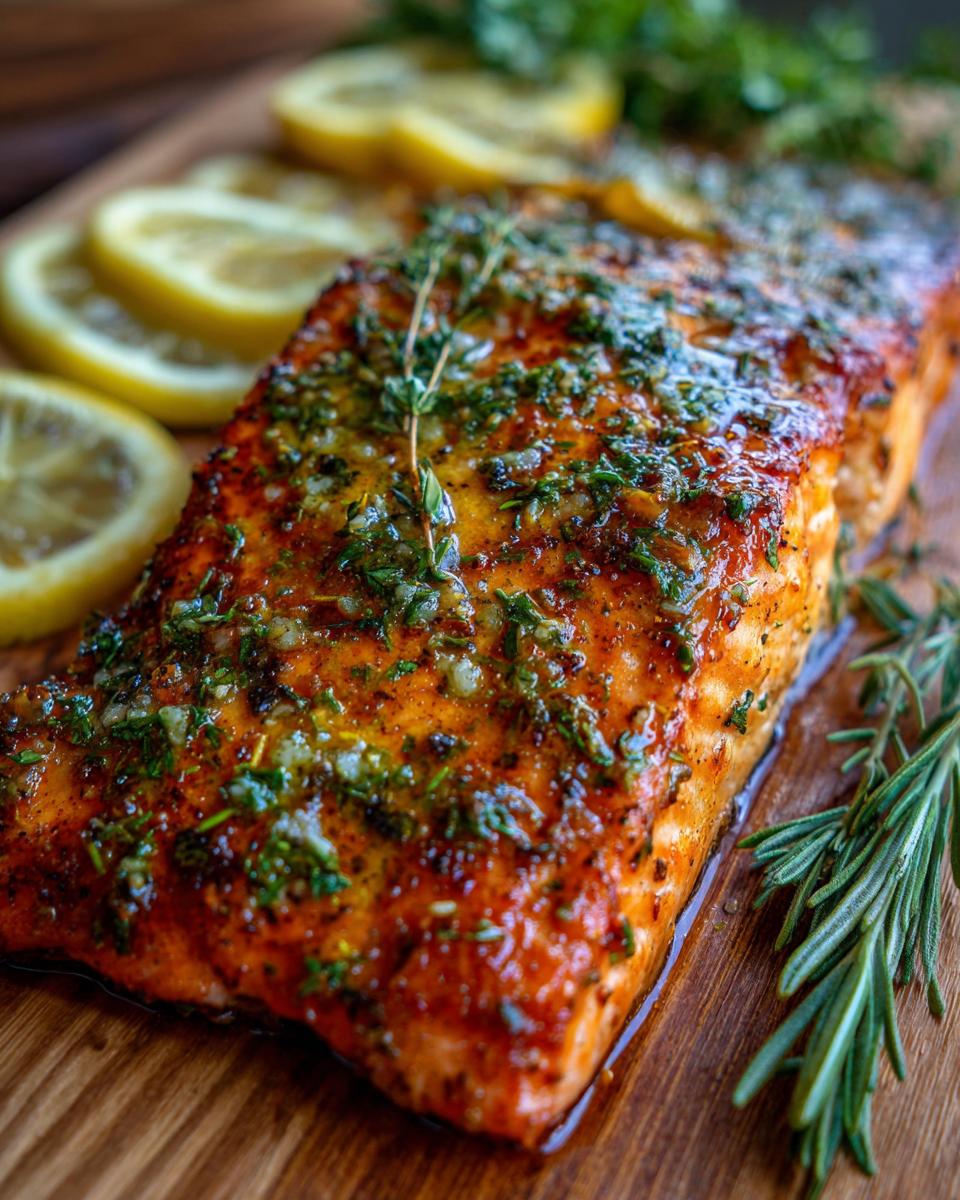 Close-up of a glistening baked salmon fillet topped with fresh herbs and spices, served with lemon slices and rosemary.