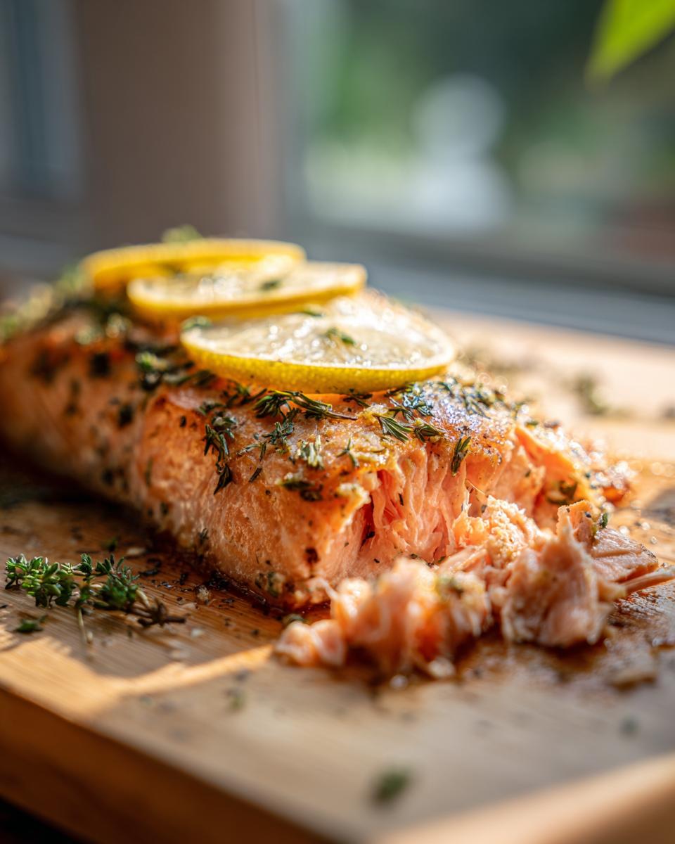 A close-up of a perfectly baked salmon fillet topped with lemon slices and fresh herbs on a wooden board.