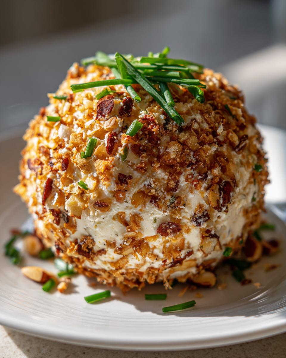 A festive cheese ball appetizer coated in chopped nuts and herbs, garnished with fresh chives.