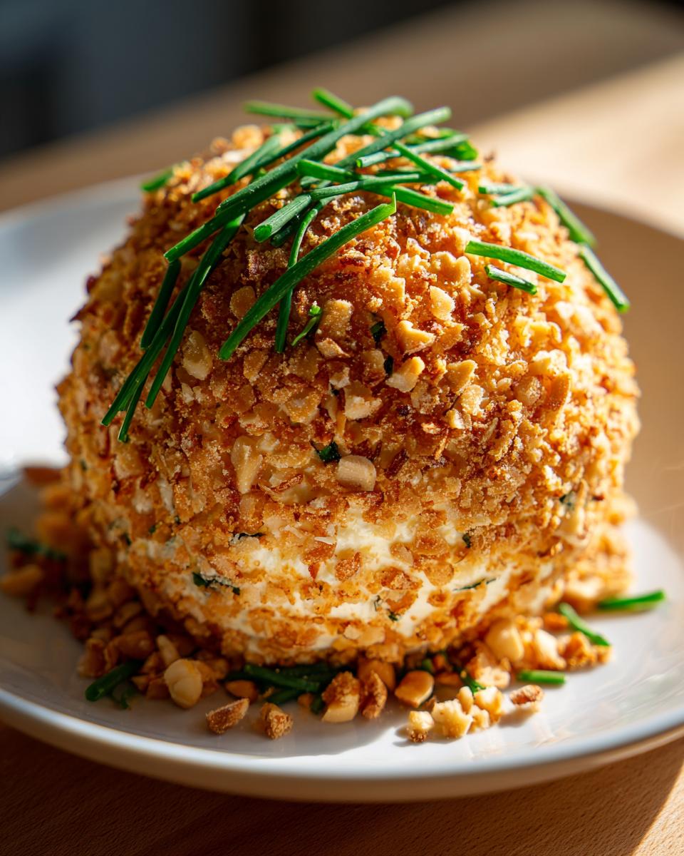 A round, golden-brown cheese ball appetizer coated in chopped nuts and chives, served on a white plate.