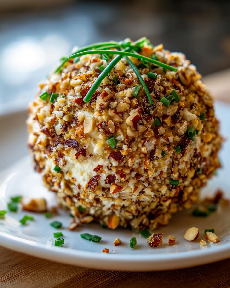A delicious cheese ball appetizer coated in chopped nuts and herbs, garnished with chives.