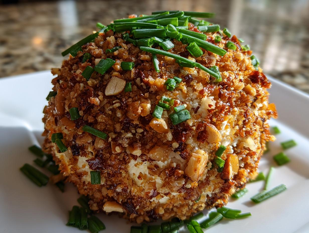 A close-up of a festive cheese ball appetizer coated in nuts and herbs, garnished with fresh chives.