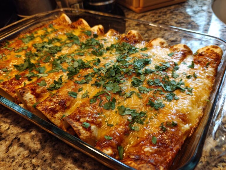 A pan of golden-brown, cheesy chicken enchiladas topped with fresh cilantro, ready to serve.