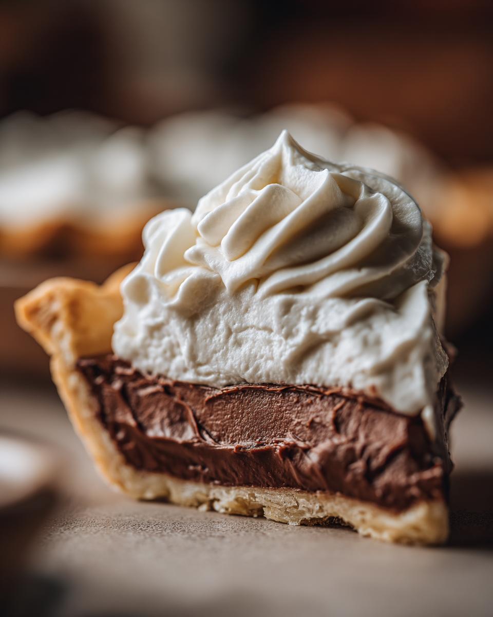 A close-up of a slice of foolproof chocolate cream pie, showcasing rich chocolate filling and whipped cream topping.