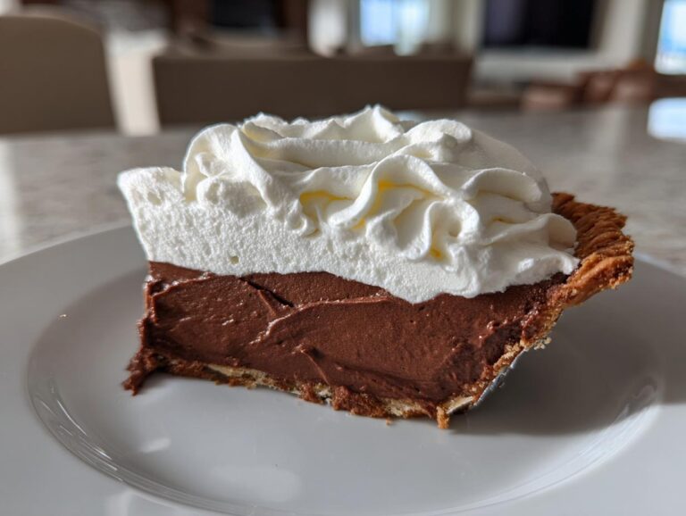 A tempting slice of foolproof chocolate cream pie, topped with fluffy whipped cream, on a white plate.