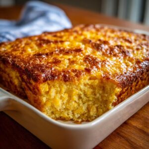A close-up of a golden-brown, freshly baked corn casserole in a white baking dish.