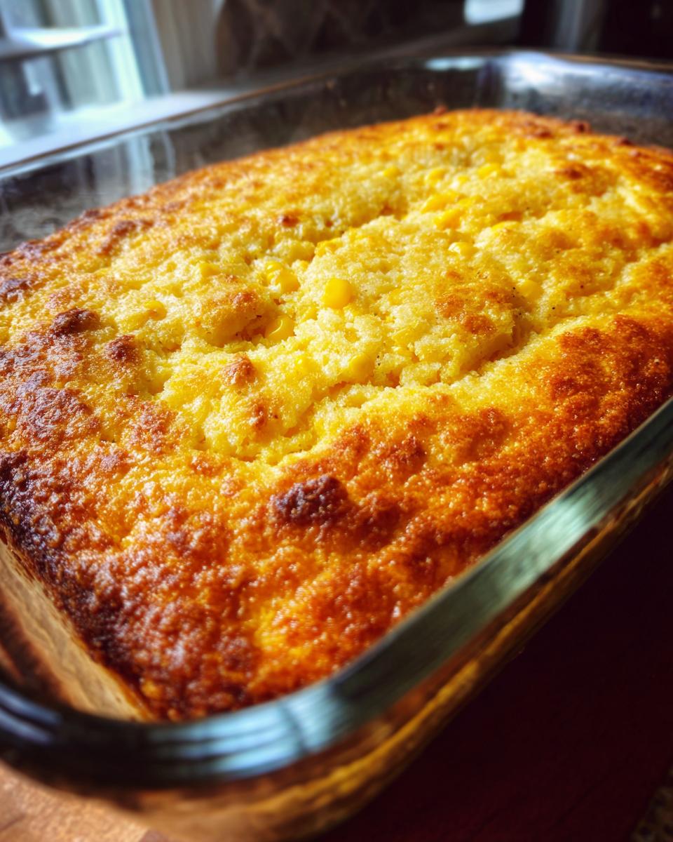 A close-up, angled view of a golden brown, freshly baked corn casserole in a glass baking dish.