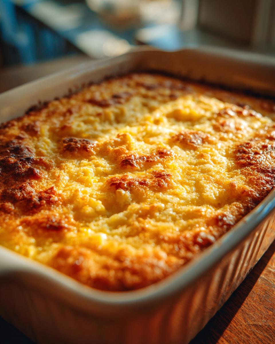 A close-up of a golden-brown, freshly baked corn casserole in a white baking dish.