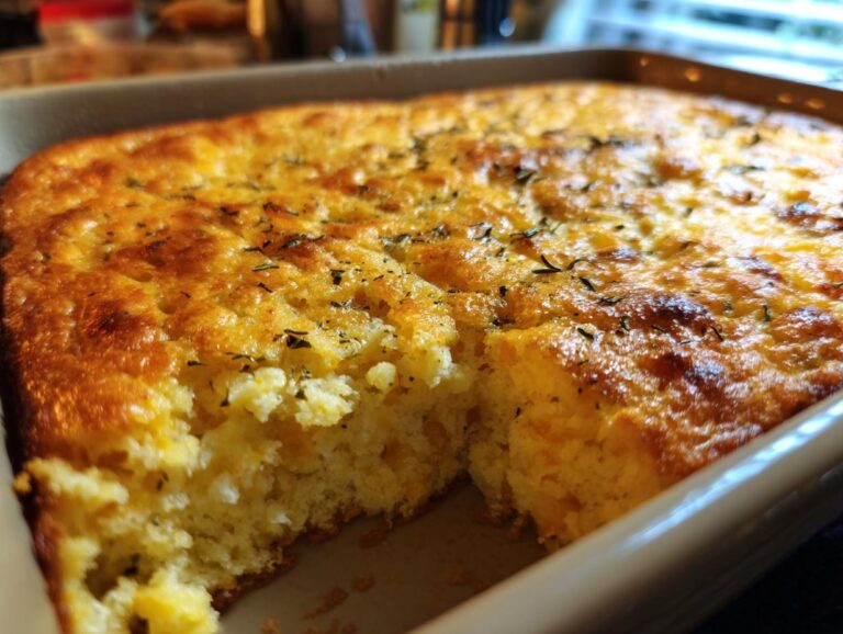 Close-up of a golden brown, fluffy corn casserole in a baking dish, sprinkled with herbs.