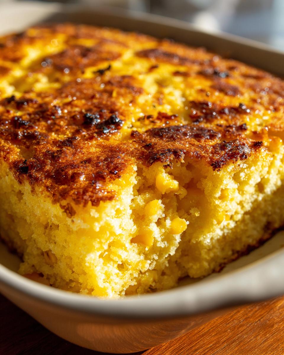 Close-up of a golden corn casserole with visible kernels and a slightly browned, toasted top.