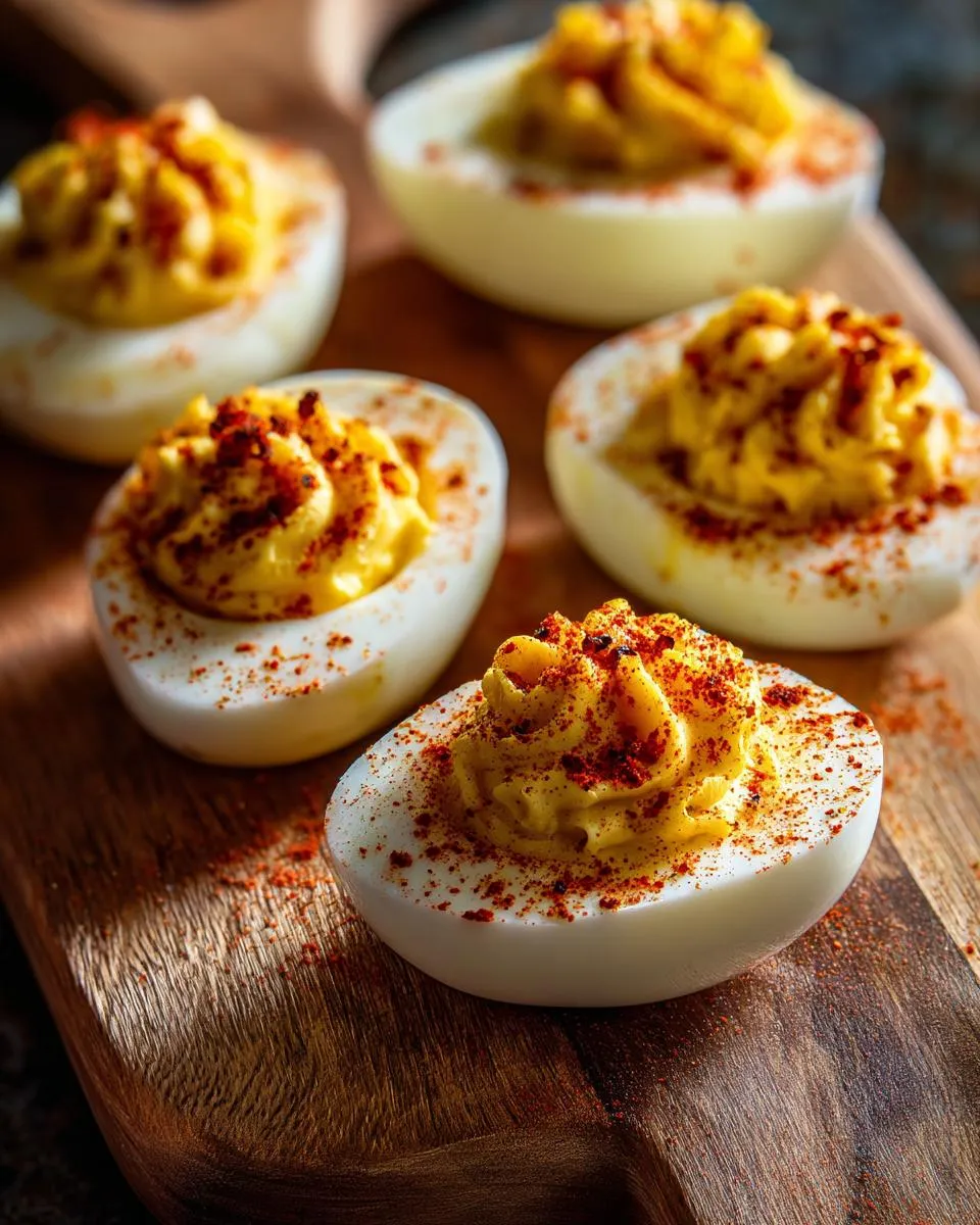 Close-up of several perfectly prepared deviled eggs, topped with creamy yellow filling and sprinkled with paprika.