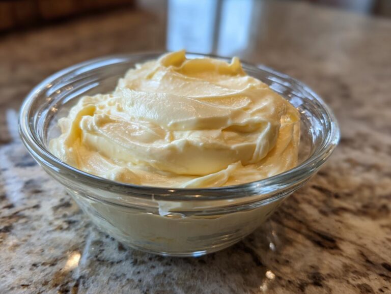 A close-up of creamy, smooth garlic aioli in a clear glass bowl.