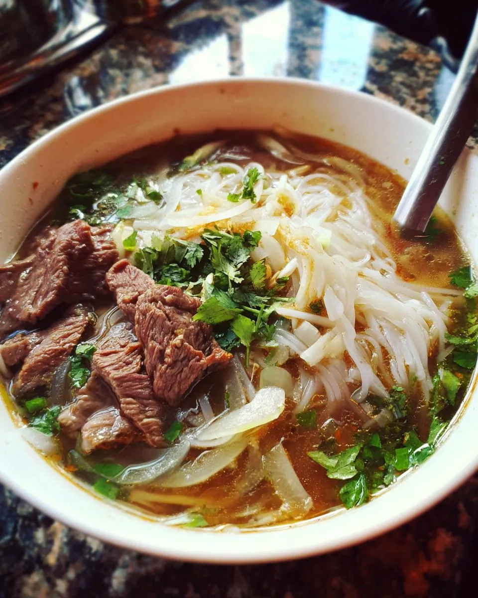 A steaming bowl of authentic Vietnamese Pho, featuring tender beef slices, rice noodles, and fresh cilantro.