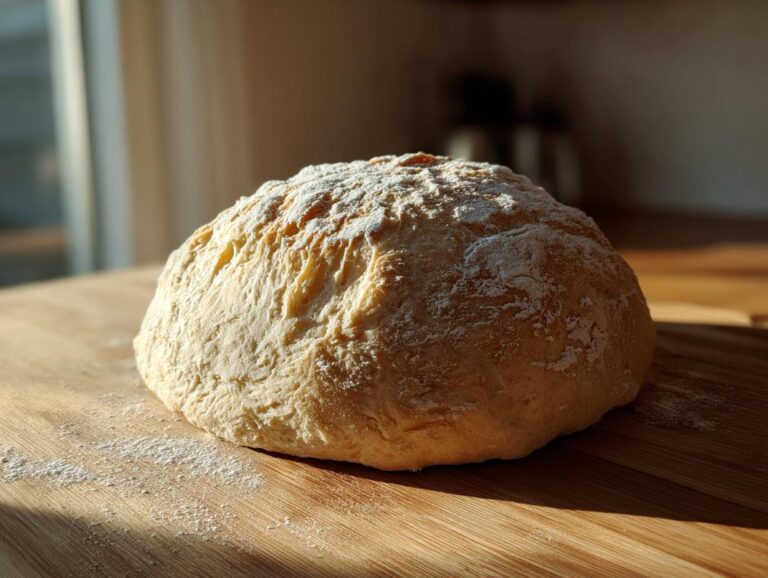 A perfectly formed ball of foolproof pizza dough dusted with flour, resting on a wooden board.