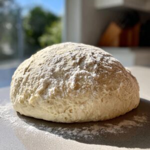 A perfectly formed ball of foolproof pizza dough dusted with flour, ready for baking.