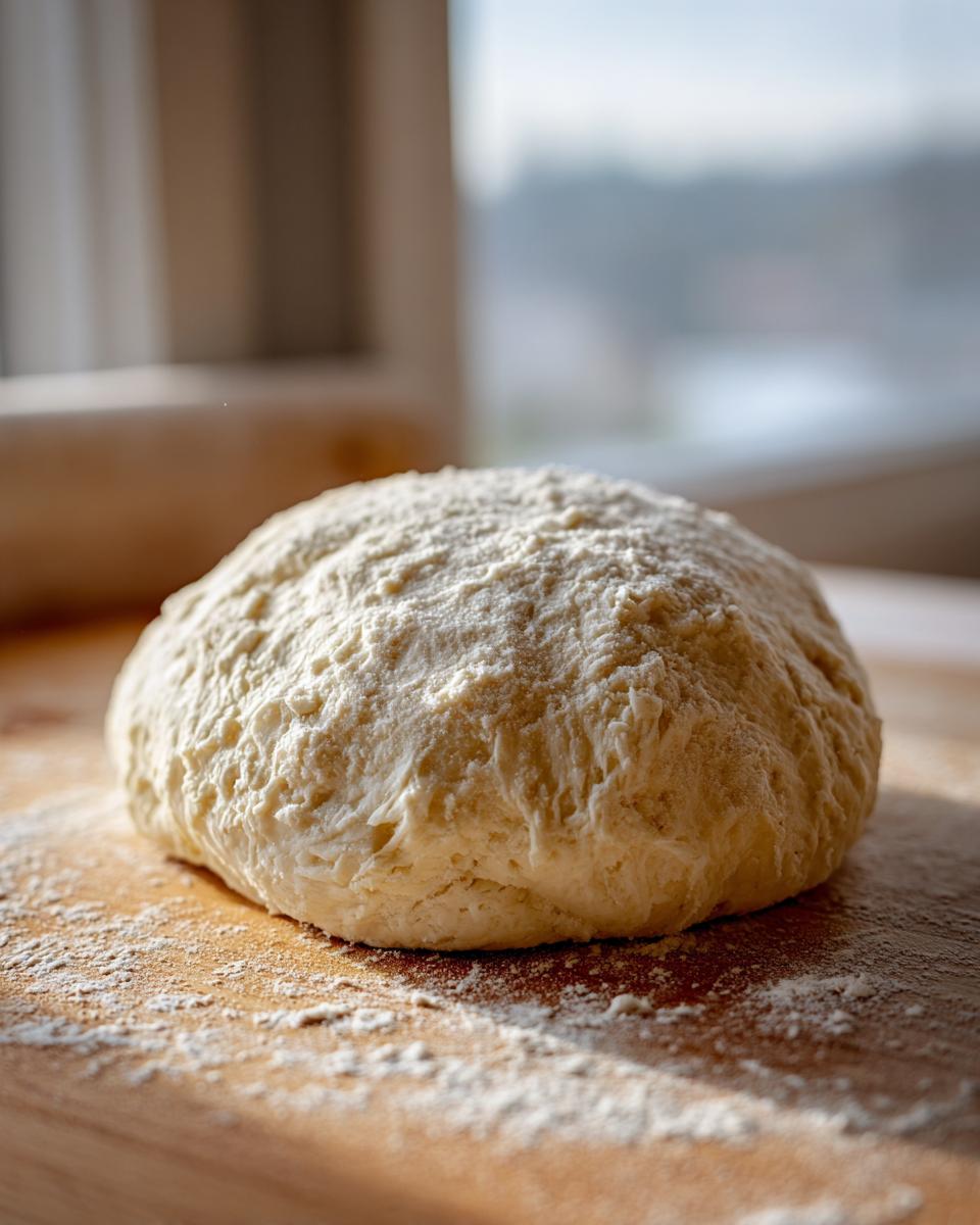 A ball of freshly made pizza dough dusted with flour on a wooden surface.