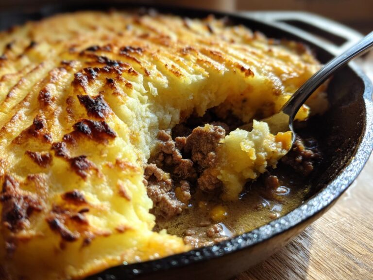 A close-up of a spoonful of foolproof Shepherd's pie, showing the golden-brown mashed potato topping and rich meat filling.