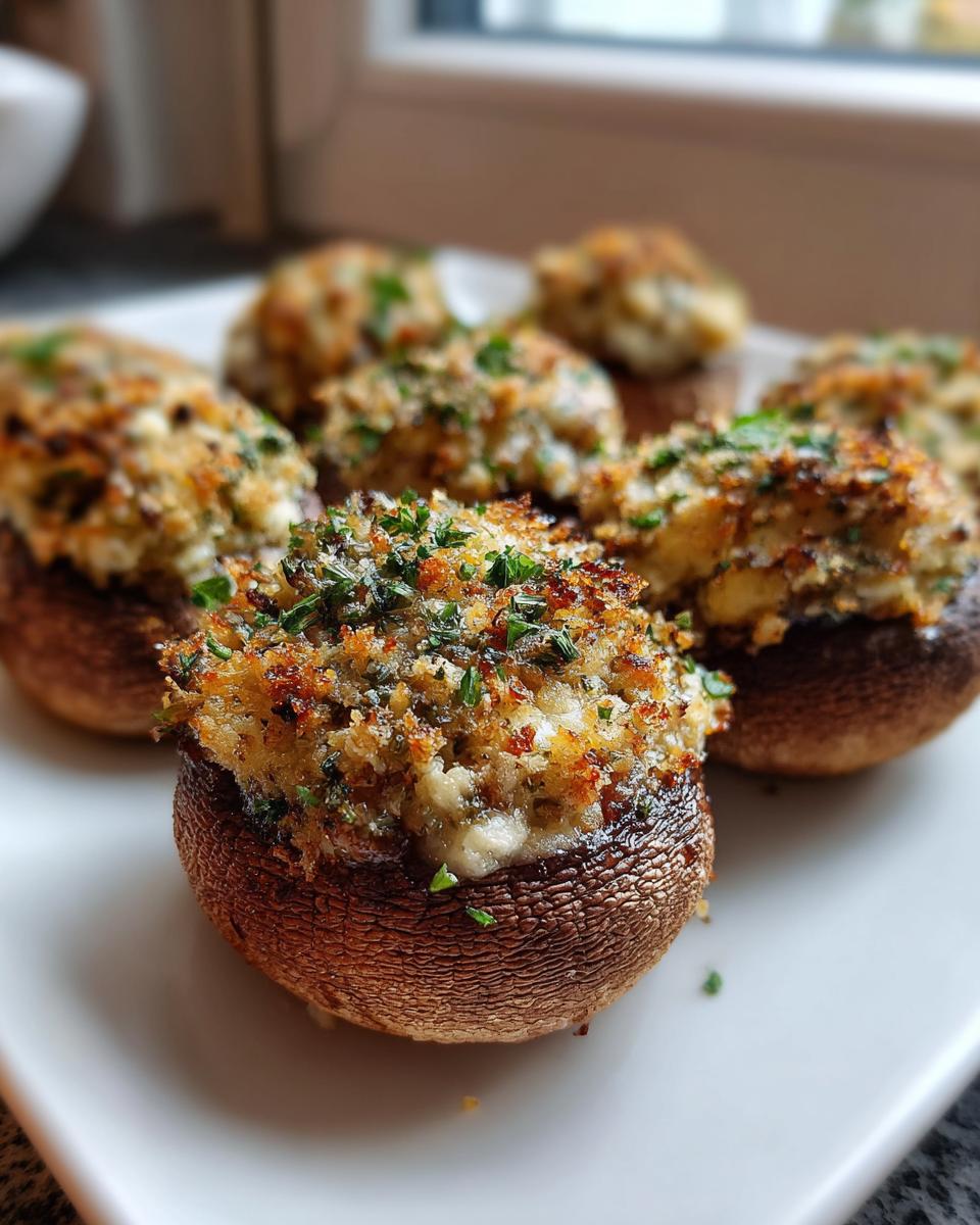 Close-up of golden-brown stuffed mushrooms topped with herbs and breadcrumbs, ready to serve.