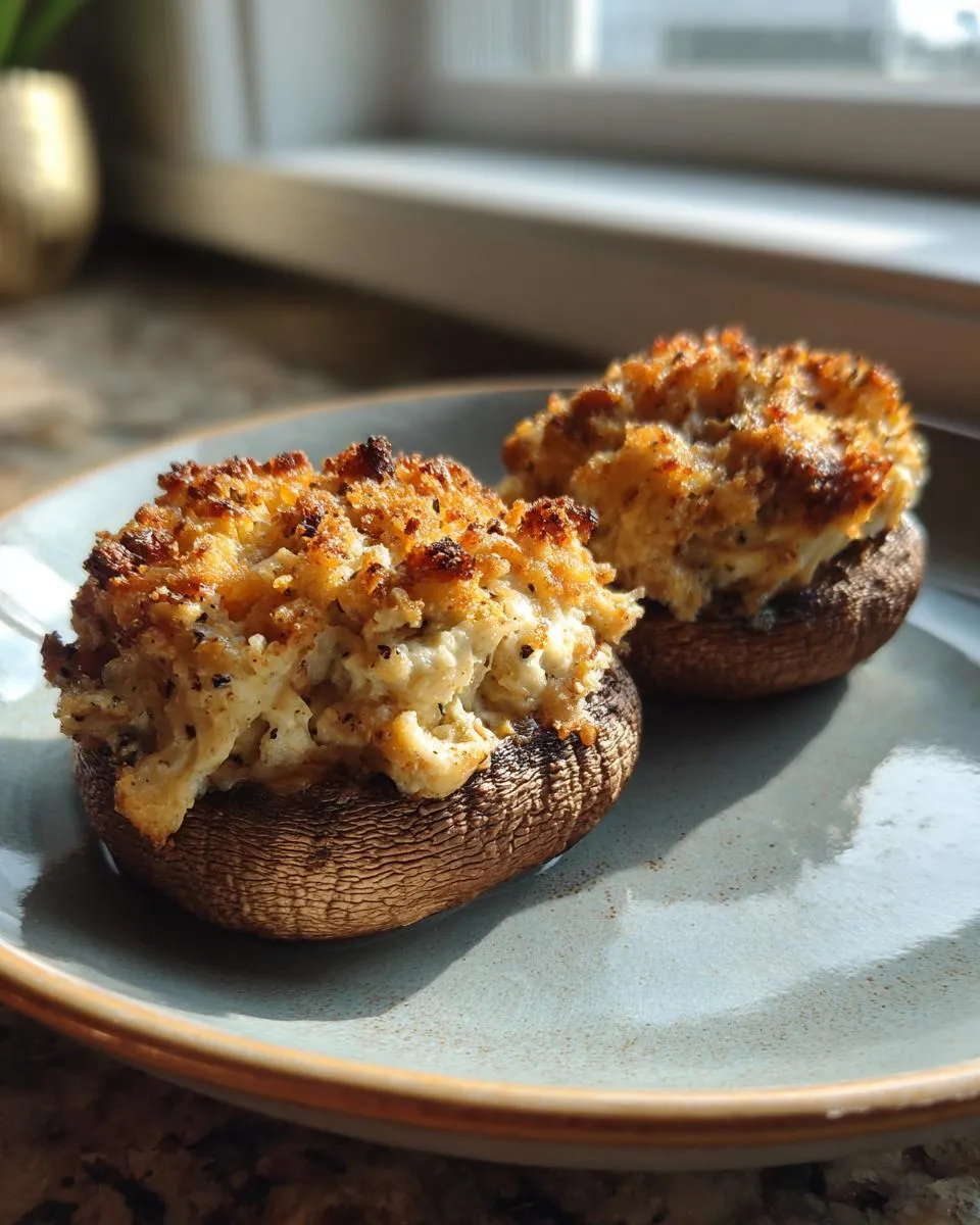 Two golden brown stuffed mushrooms with a creamy filling and a crispy topping, served on a light blue plate.