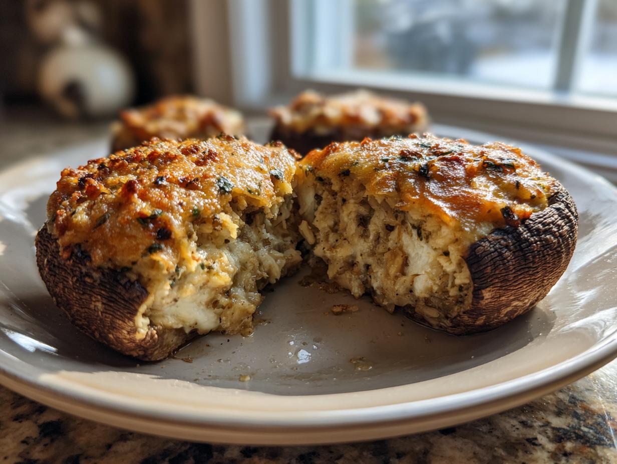 Close-up of a halved stuffed mushroom, revealing creamy filling and golden-brown topping.