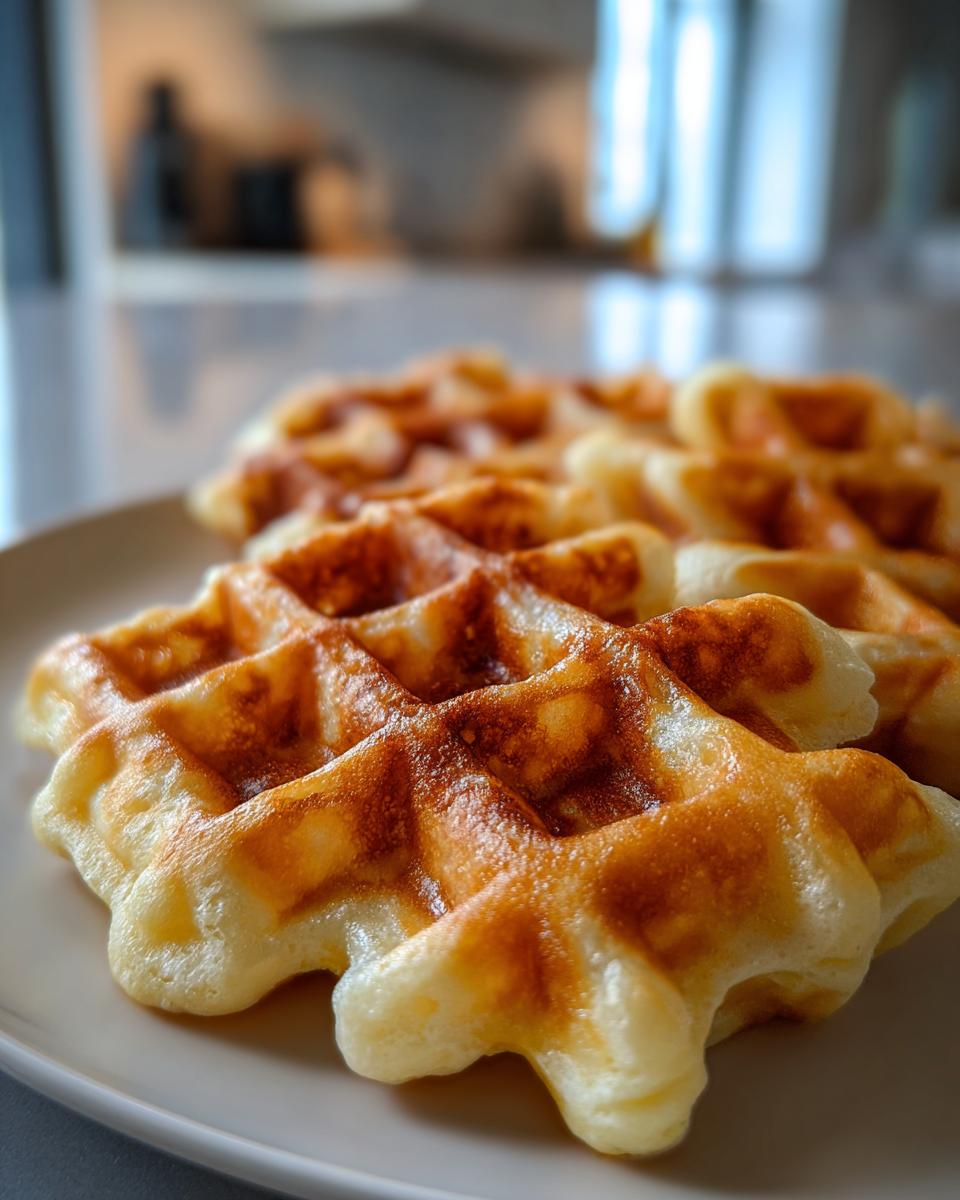 Close-up of golden brown, crisp, and fluffy waffles on a white plate, showcasing their perfect texture.