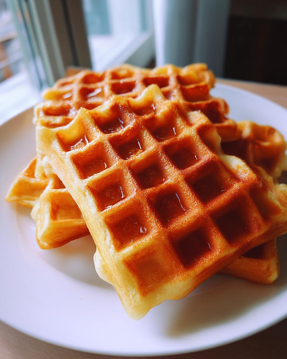 A stack of golden-brown waffles drizzled with syrup, ready to be enjoyed.