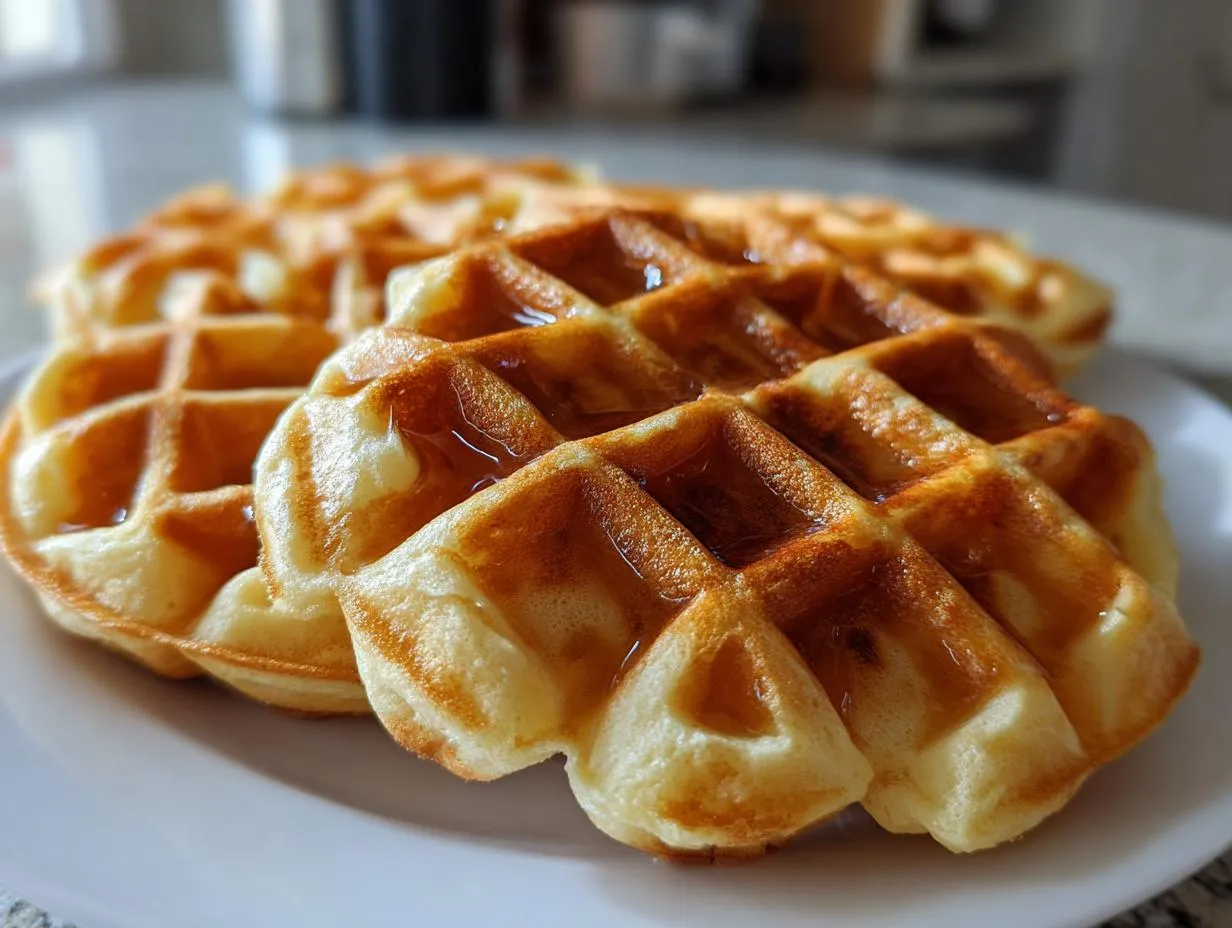 Close-up of golden-brown waffles drizzled with syrup on a white plate, showcasing their crisp texture.