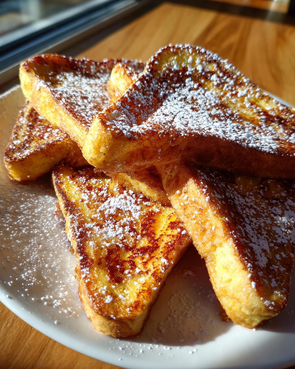 A stack of golden brown French toast slices dusted with powdered sugar on a white plate.