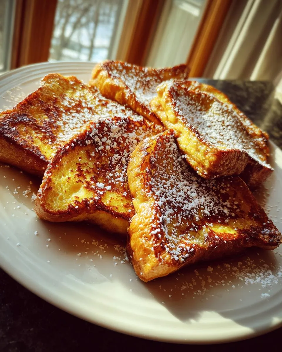 A plate piled high with golden brown French toast, dusted generously with powdered sugar.