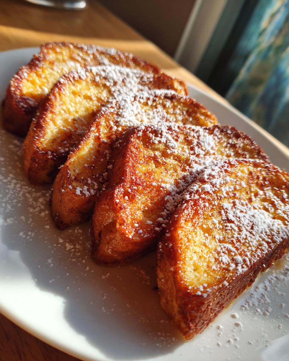A close-up of golden brown French toast slices dusted with powdered sugar on a white plate.