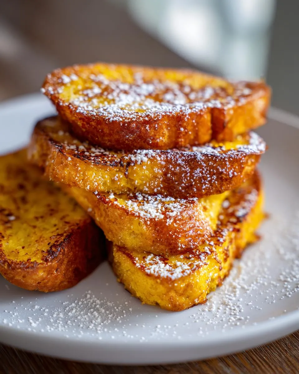 A stack of golden brown French toast slices, dusted with powdered sugar, on a white plate.